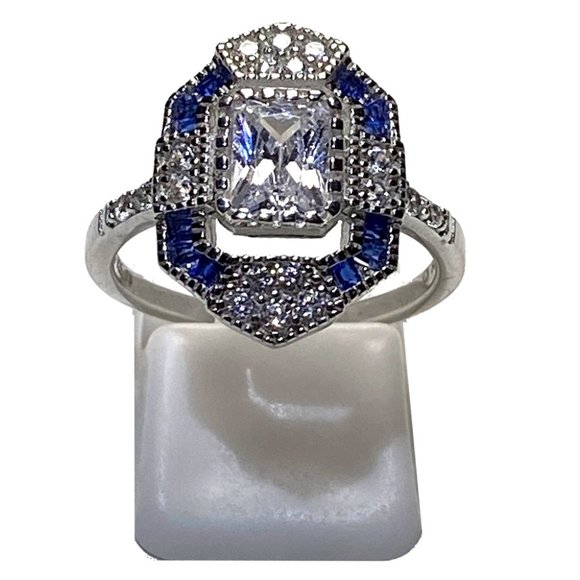 Vintage Estate Inspired Ring - Synthetic Sapphire & Diamonds - Size 6 or 7 - Picture 1 of 7